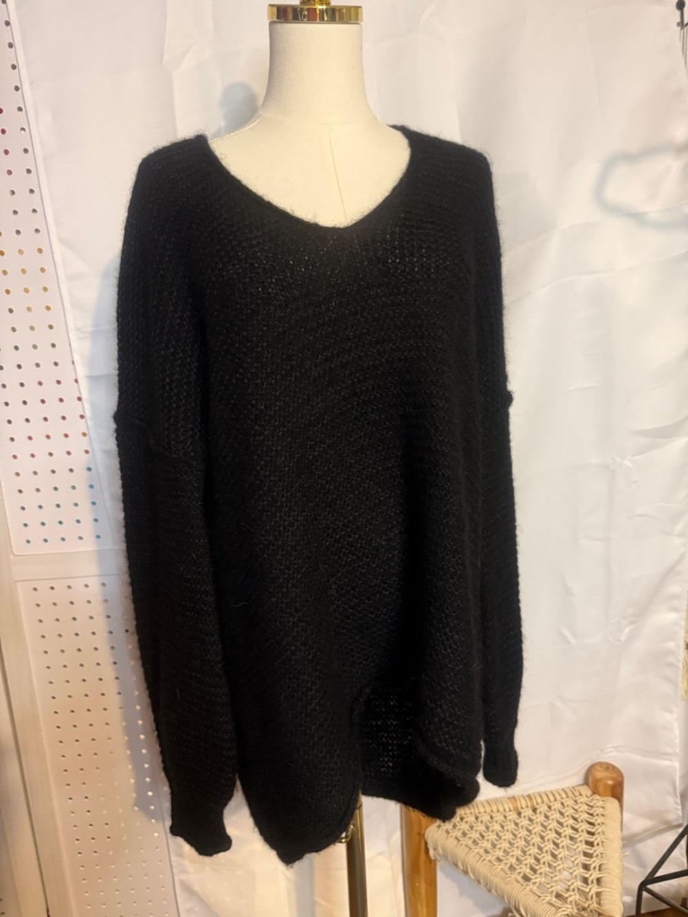 Free People Black V-Neck Oversized Fuzzy Knit Sweater
